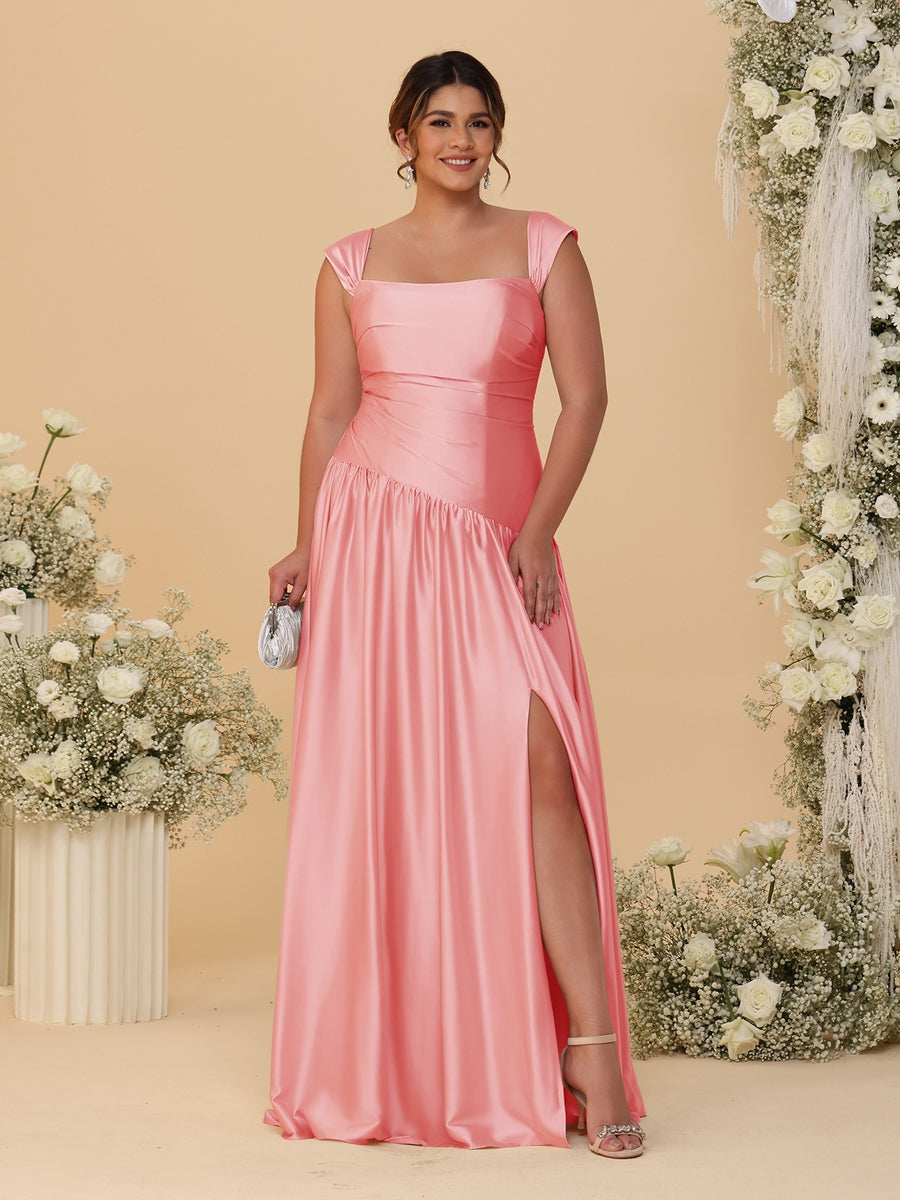 A-Line/Princess Off-the-Shoulder Plus Size Bridesmaid Dresses With Side Slit &amp; Pleats