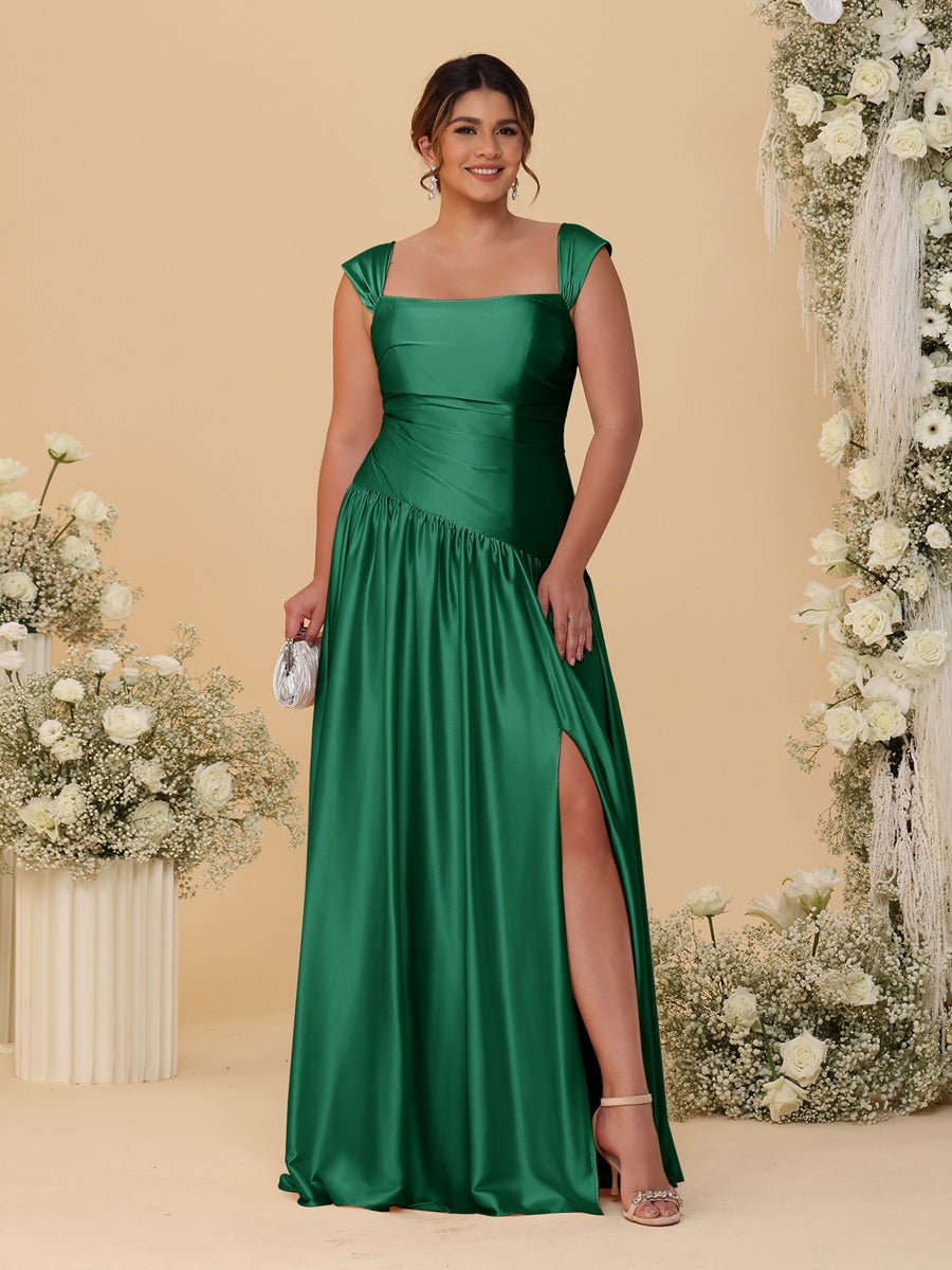 A-Line/Princess Off-the-Shoulder Plus Size Bridesmaid Dresses With Side Slit &amp; Pleats