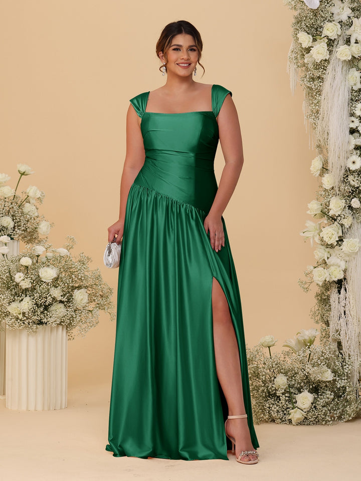 A-Line/Princess Off-the-Shoulder Plus Size Bridesmaid Dresses With Side Slit &amp; Pleats
