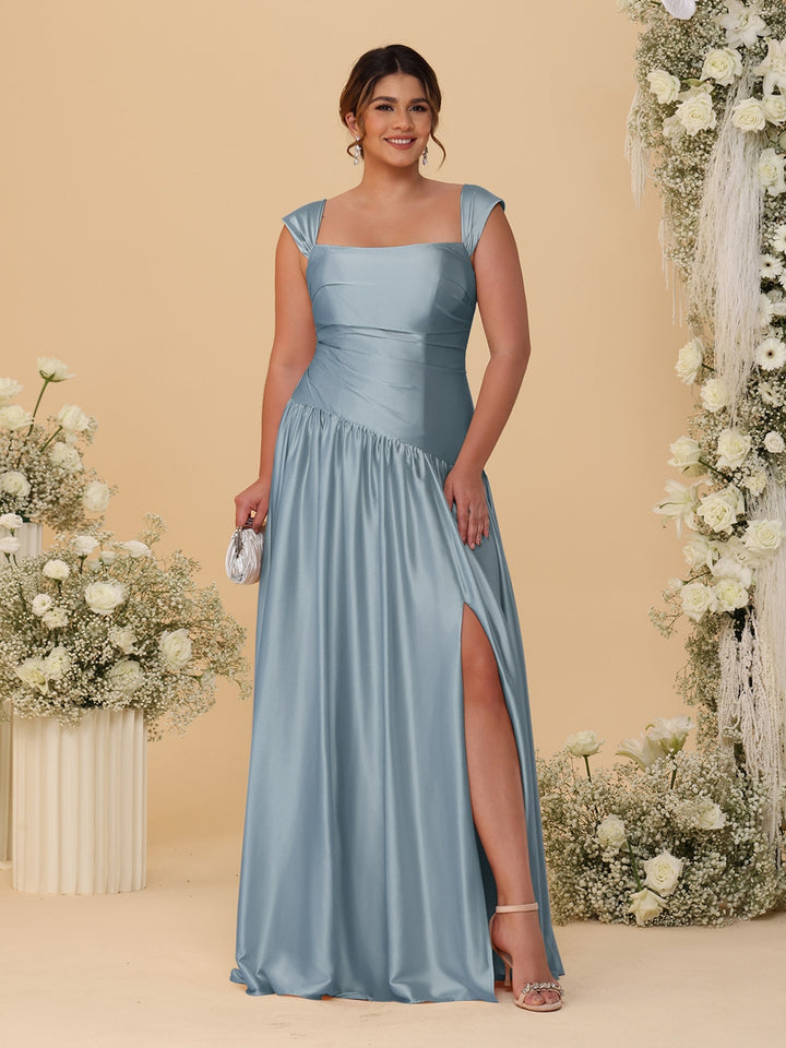 A-Line/Princess Off-the-Shoulder Plus Size Bridesmaid Dresses With Side Slit &amp; Pleats