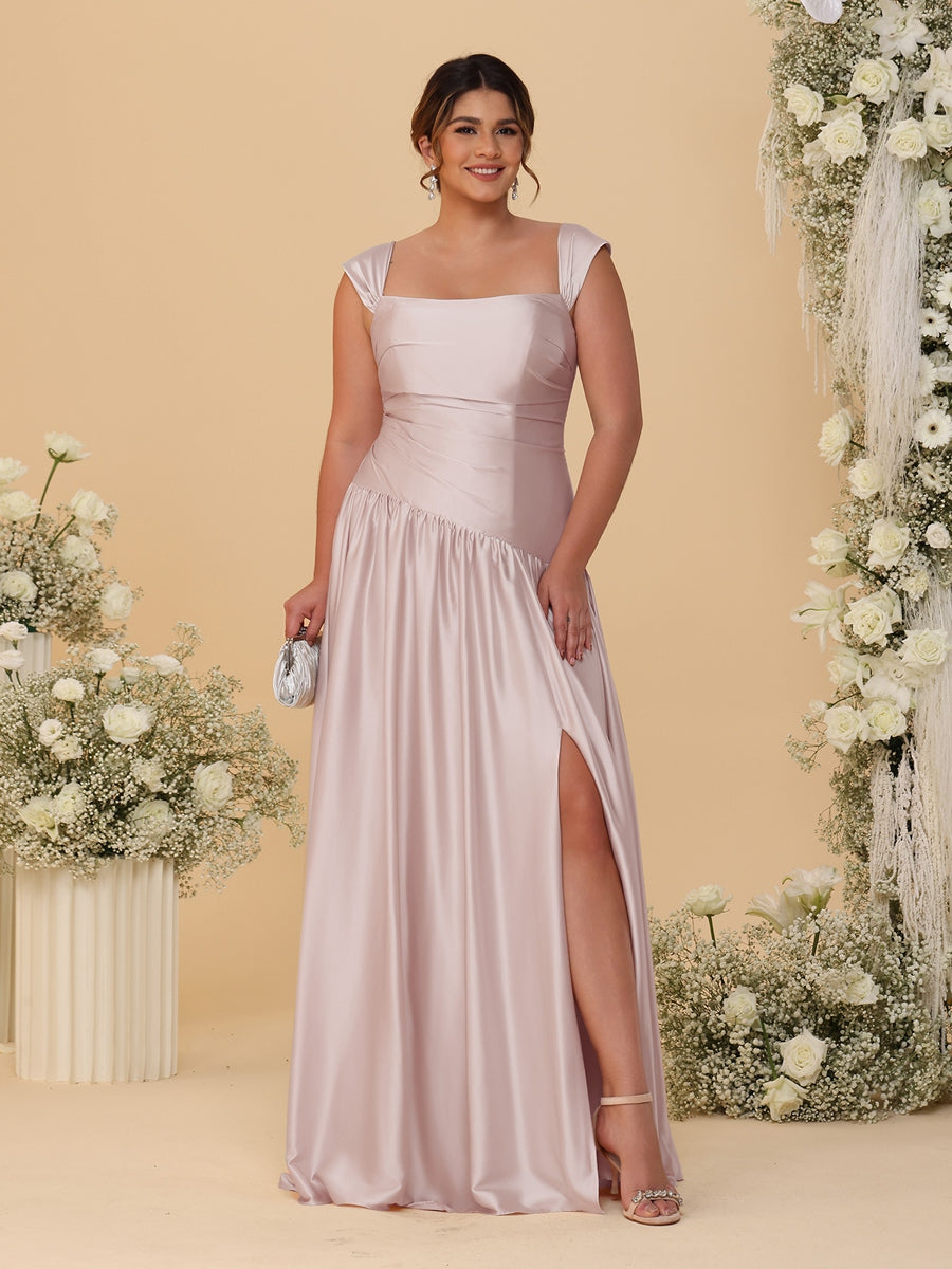 A-Line/Princess Off-the-Shoulder Plus Size Bridesmaid Dresses With Side Slit &amp; Pleats