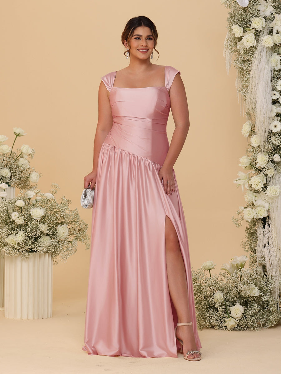 A-Line/Princess Off-the-Shoulder Plus Size Bridesmaid Dresses With Side Slit &amp; Pleats