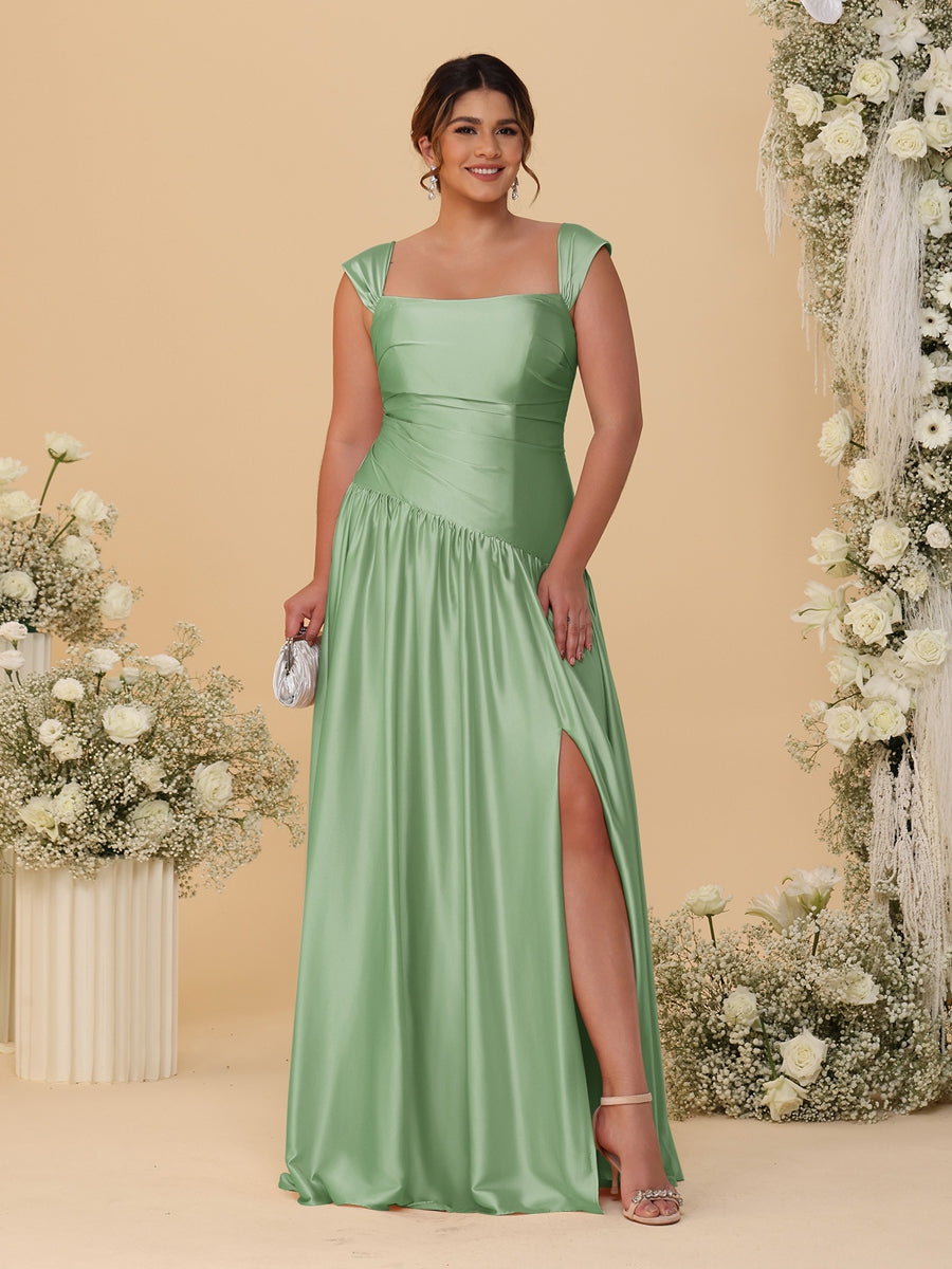 A-Line/Princess Off-the-Shoulder Plus Size Bridesmaid Dresses With Side Slit &amp; Pleats