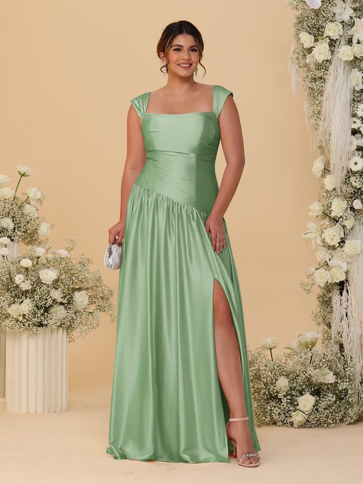A-Line/Princess Off-the-Shoulder Plus Size Bridesmaid Dresses With Side Slit &amp; Pleats