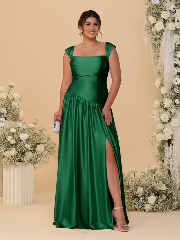 A-Line/Princess Off-the-Shoulder Plus Size Bridesmaid Dresses With Side Slit &amp; Pleats