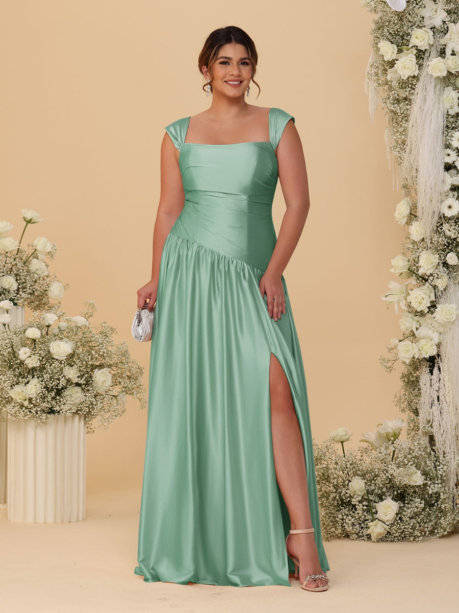 A-Line/Princess Off-the-Shoulder Plus Size Bridesmaid Dresses With Side Slit &amp; Pleats