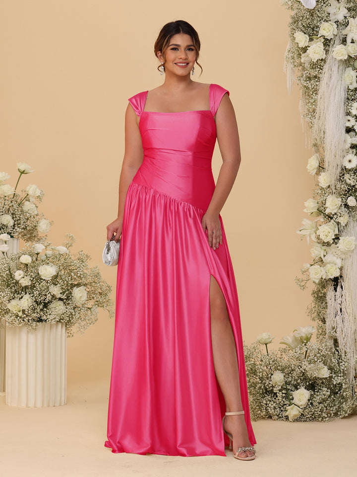 A-Line/Princess Off-the-Shoulder Plus Size Bridesmaid Dresses With Side Slit &amp; Pleats