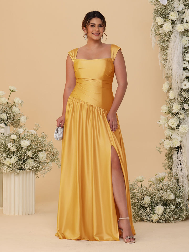 A-Line/Princess Off-the-Shoulder Plus Size Bridesmaid Dresses With Side Slit &amp; Pleats