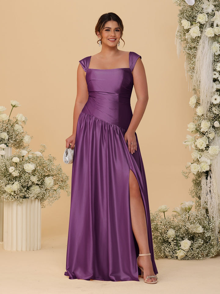 A-Line/Princess Off-the-Shoulder Plus Size Bridesmaid Dresses With Side Slit &amp; Pleats