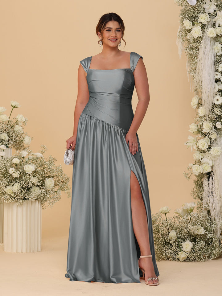 A-Line/Princess Off-the-Shoulder Plus Size Bridesmaid Dresses With Side Slit &amp; Pleats