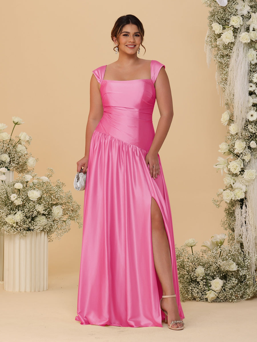 A-Line/Princess Off-the-Shoulder Plus Size Bridesmaid Dresses With Side Slit &amp; Pleats