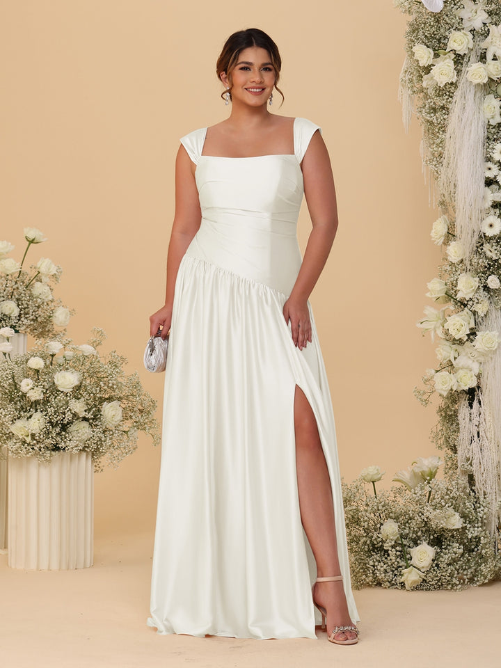 A-Line/Princess Off-the-Shoulder Plus Size Bridesmaid Dresses With Side Slit &amp; Pleats