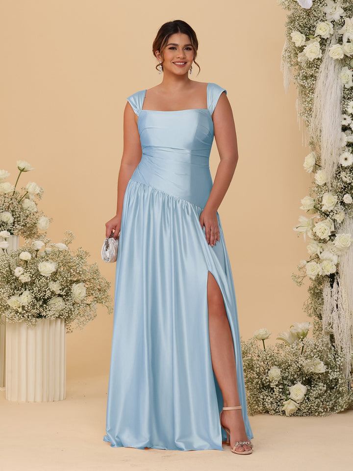 A-Line/Princess Off-the-Shoulder Plus Size Bridesmaid Dresses With Side Slit &amp; Pleats