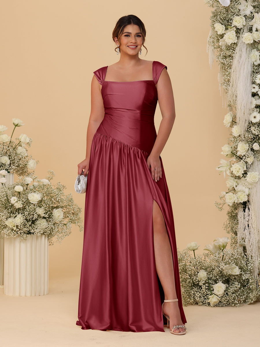 A-Line/Princess Off-the-Shoulder Plus Size Bridesmaid Dresses With Side Slit &amp; Pleats