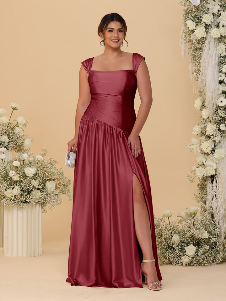 A-Line/Princess Off-the-Shoulder Plus Size Bridesmaid Dresses With Side Slit &amp; Pleats