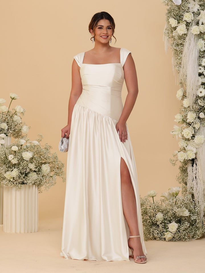 A-Line/Princess Off-the-Shoulder Plus Size Bridesmaid Dresses With Side Slit &amp; Pleats