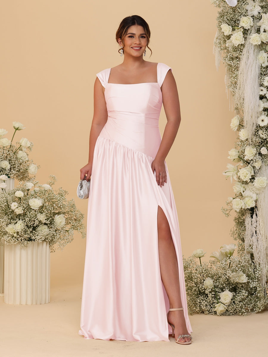 A-Line/Princess Off-the-Shoulder Plus Size Bridesmaid Dresses With Side Slit &amp; Pleats