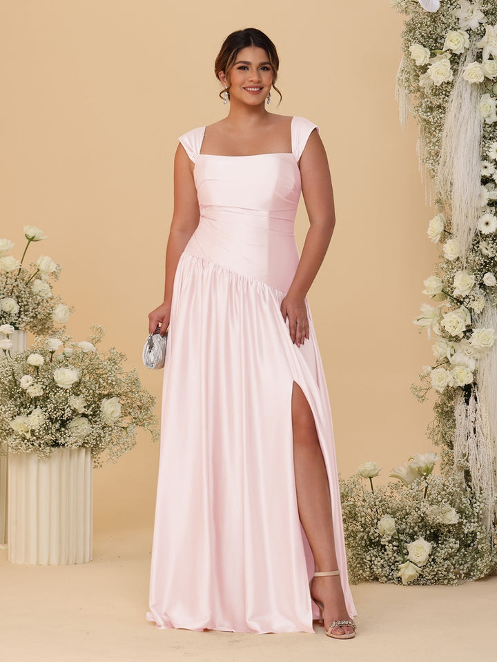 A-Line/Princess Off-the-Shoulder Plus Size Bridesmaid Dresses With Side Slit &amp; Pleats