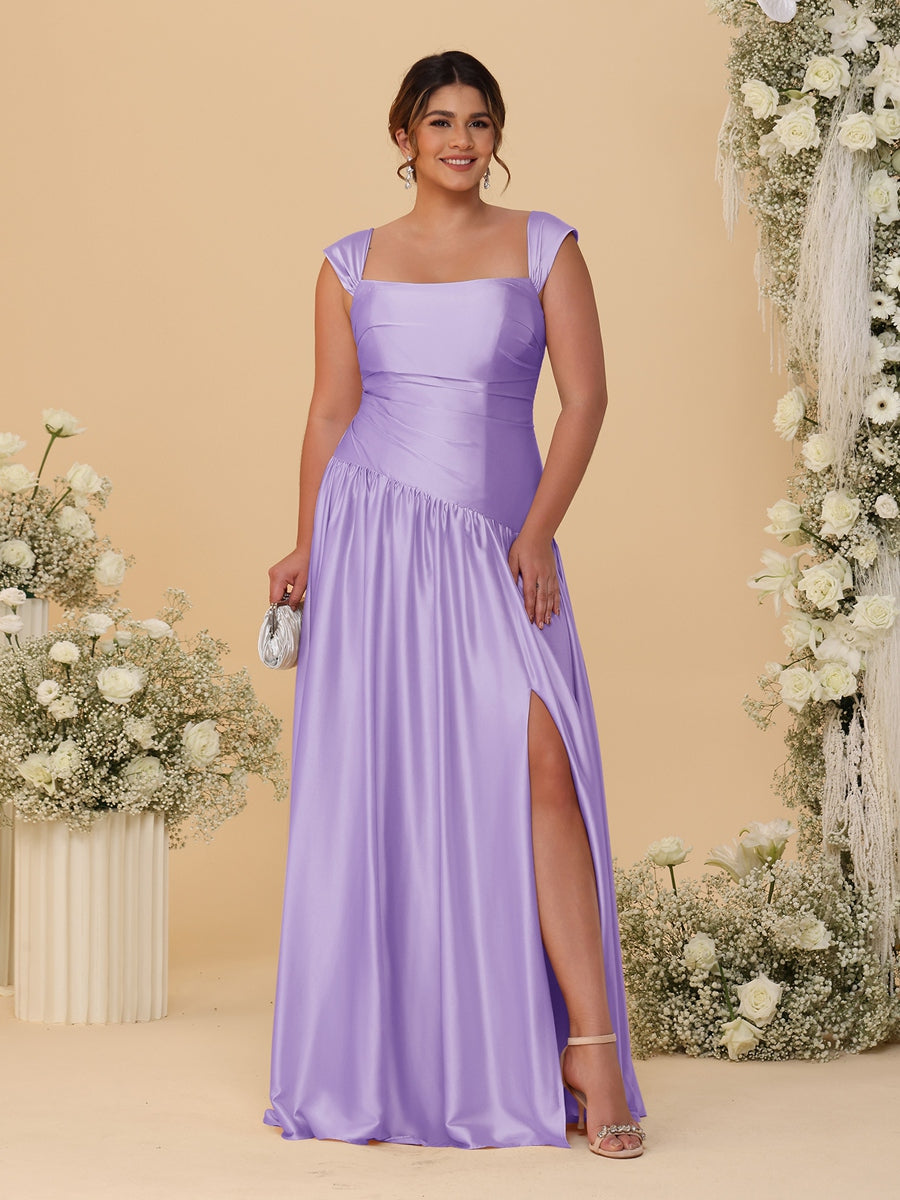 A-Line/Princess Off-the-Shoulder Plus Size Bridesmaid Dresses With Side Slit &amp; Pleats