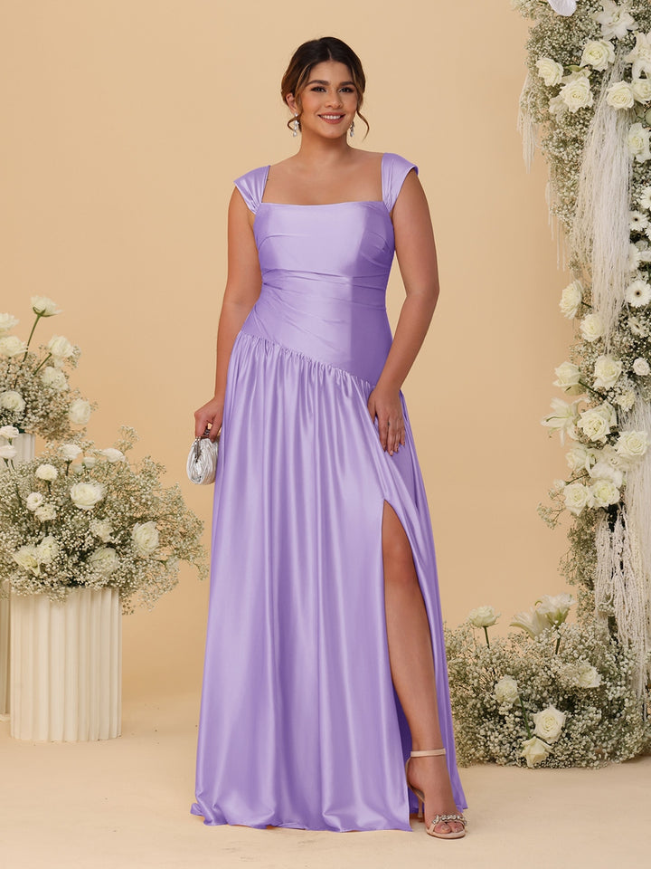 A-Line/Princess Off-the-Shoulder Plus Size Bridesmaid Dresses With Side Slit &amp; Pleats