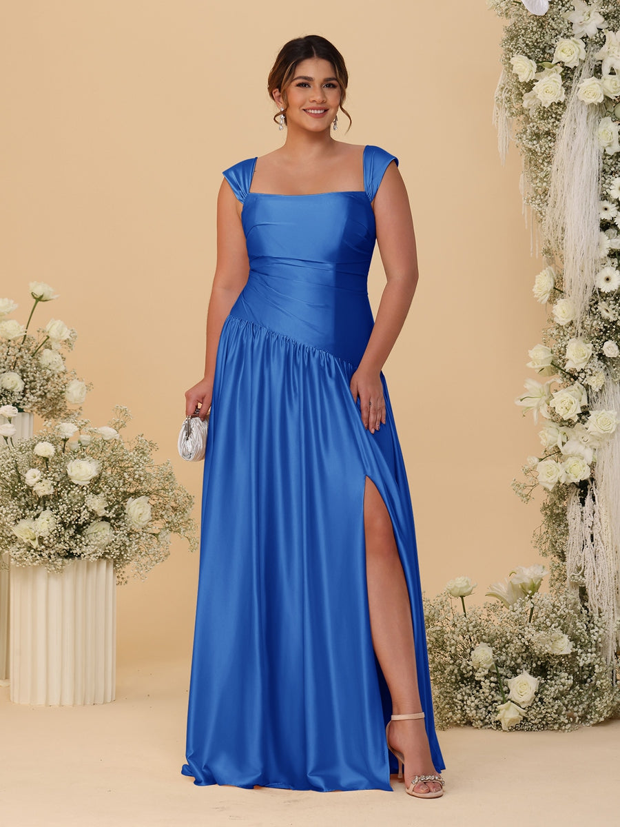 A-Line/Princess Off-the-Shoulder Plus Size Bridesmaid Dresses With Side Slit &amp; Pleats