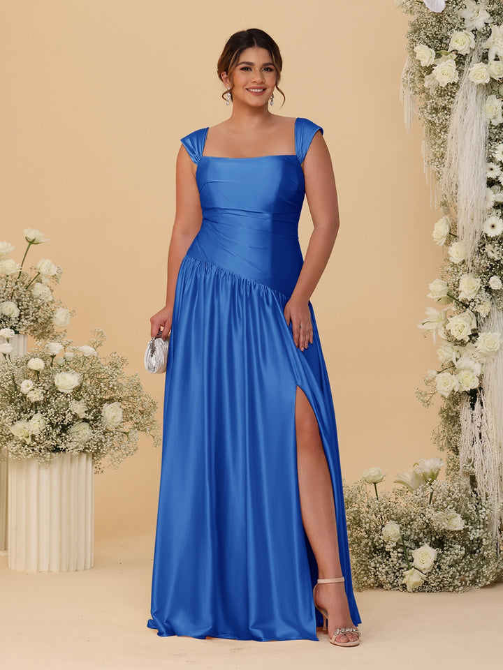 A-Line/Princess Off-the-Shoulder Plus Size Bridesmaid Dresses With Side Slit &amp; Pleats