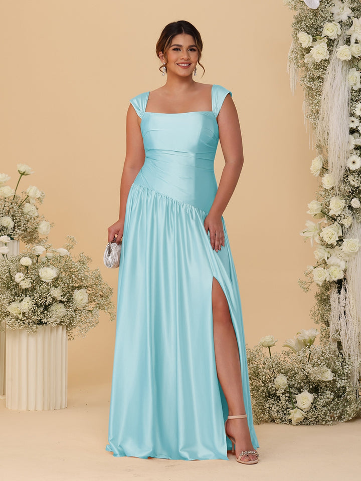 A-Line/Princess Off-the-Shoulder Plus Size Bridesmaid Dresses With Side Slit &amp; Pleats
