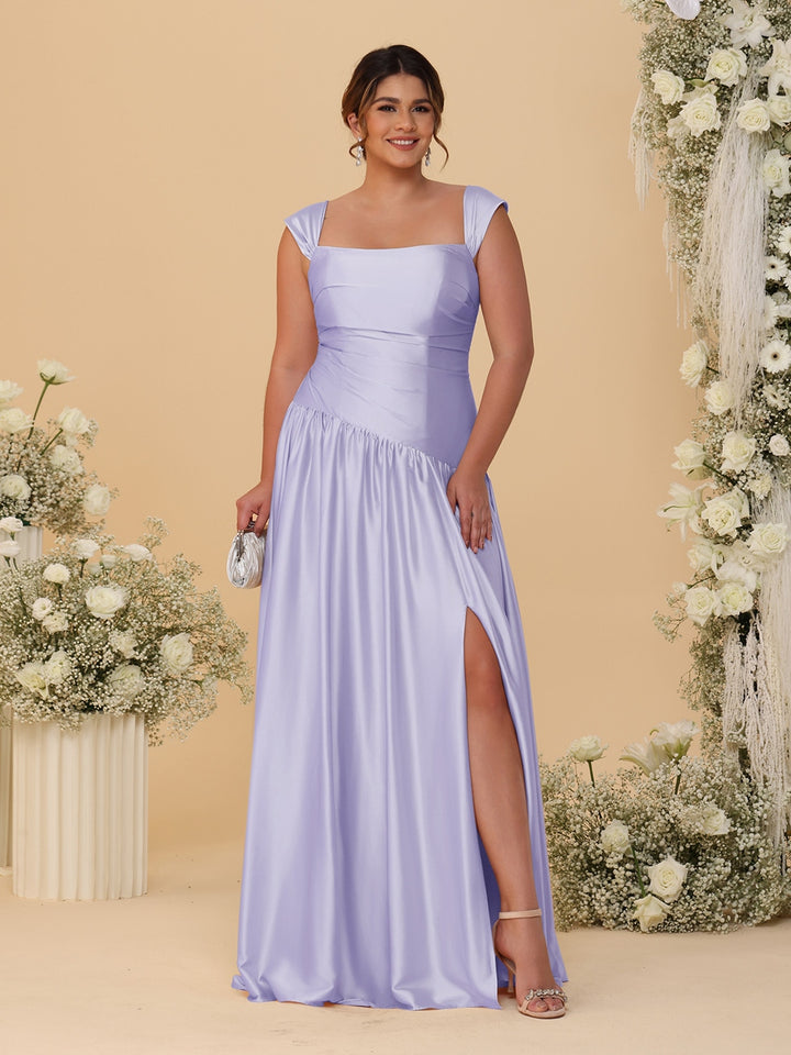 A-Line/Princess Off-the-Shoulder Plus Size Bridesmaid Dresses With Side Slit &amp; Pleats