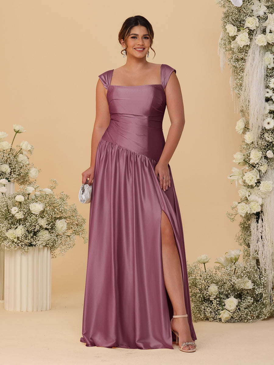 A-Line/Princess Off-the-Shoulder Plus Size Bridesmaid Dresses With Side Slit &amp; Pleats