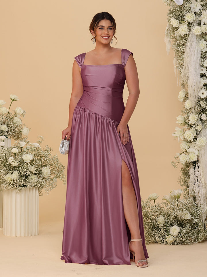 A-Line/Princess Off-the-Shoulder Plus Size Bridesmaid Dresses With Side Slit &amp; Pleats