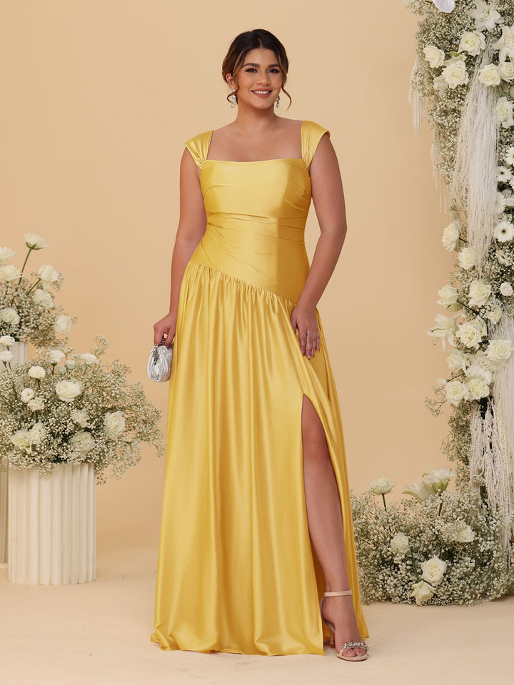 A-Line/Princess Off-the-Shoulder Plus Size Bridesmaid Dresses With Side Slit &amp; Pleats