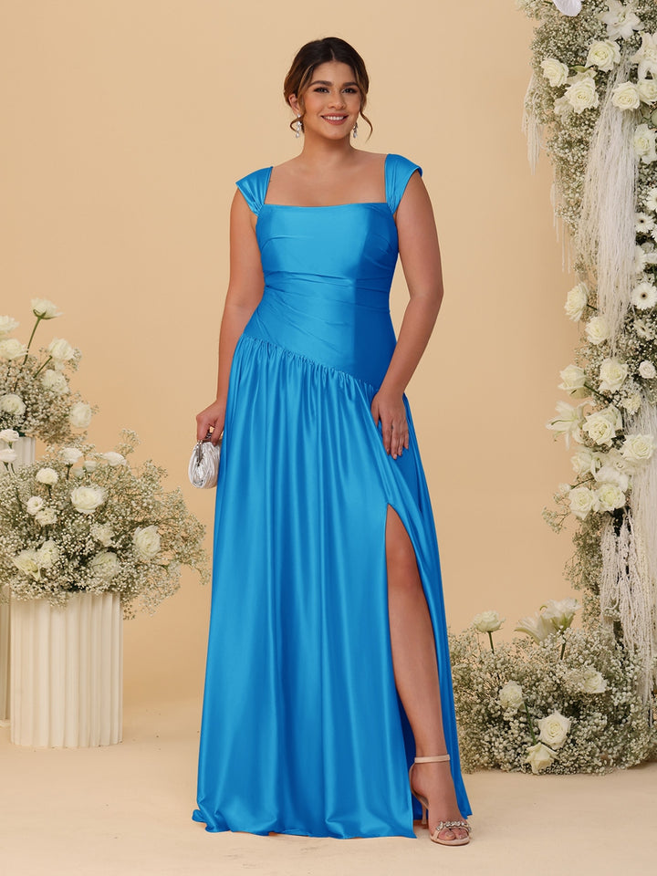 A-Line/Princess Off-the-Shoulder Plus Size Bridesmaid Dresses With Side Slit &amp; Pleats
