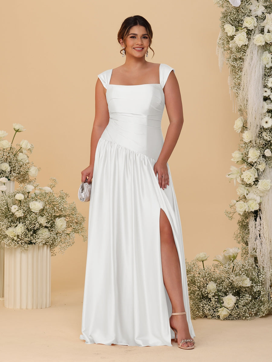 A-Line/Princess Off-the-Shoulder Plus Size Bridesmaid Dresses With Side Slit &amp; Pleats