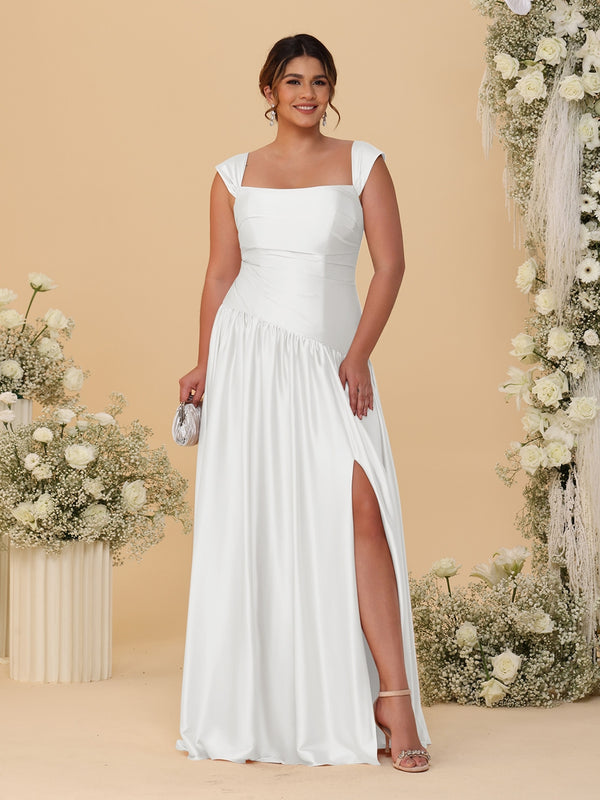 A-Line/Princess Off-the-Shoulder Plus Size Bridesmaid Dresses With Side Slit & Pleats