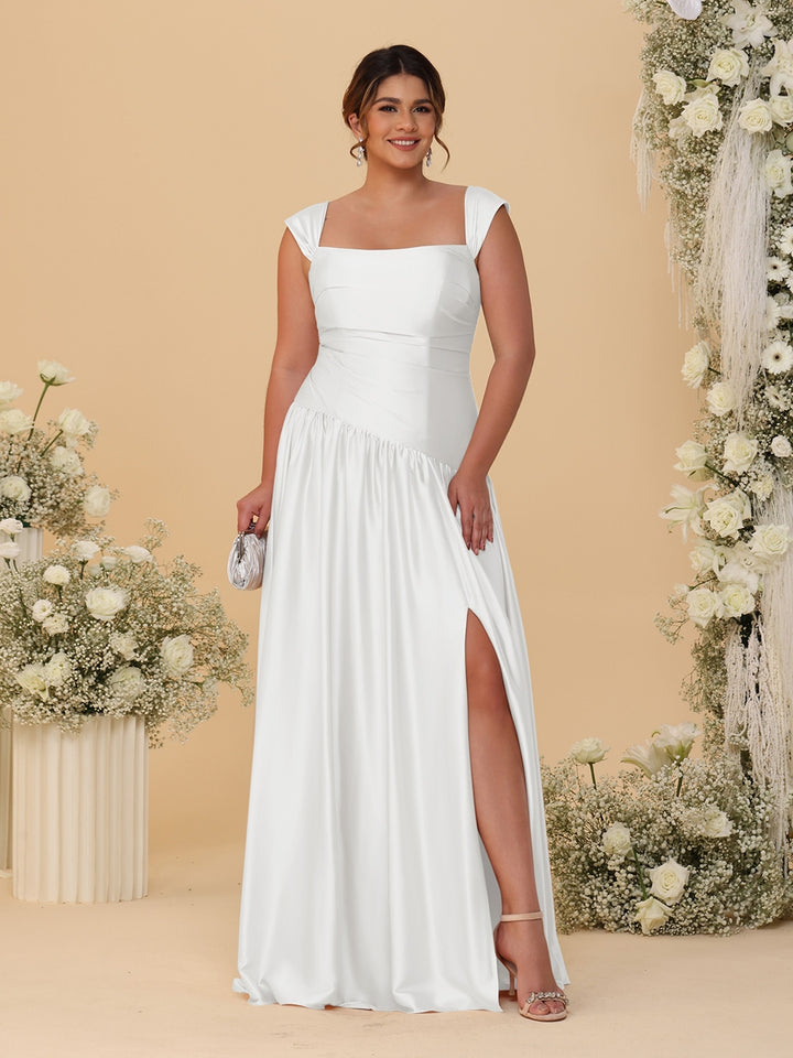 A-Line/Princess Off-the-Shoulder Plus Size Bridesmaid Dresses With Side Slit &amp; Pleats