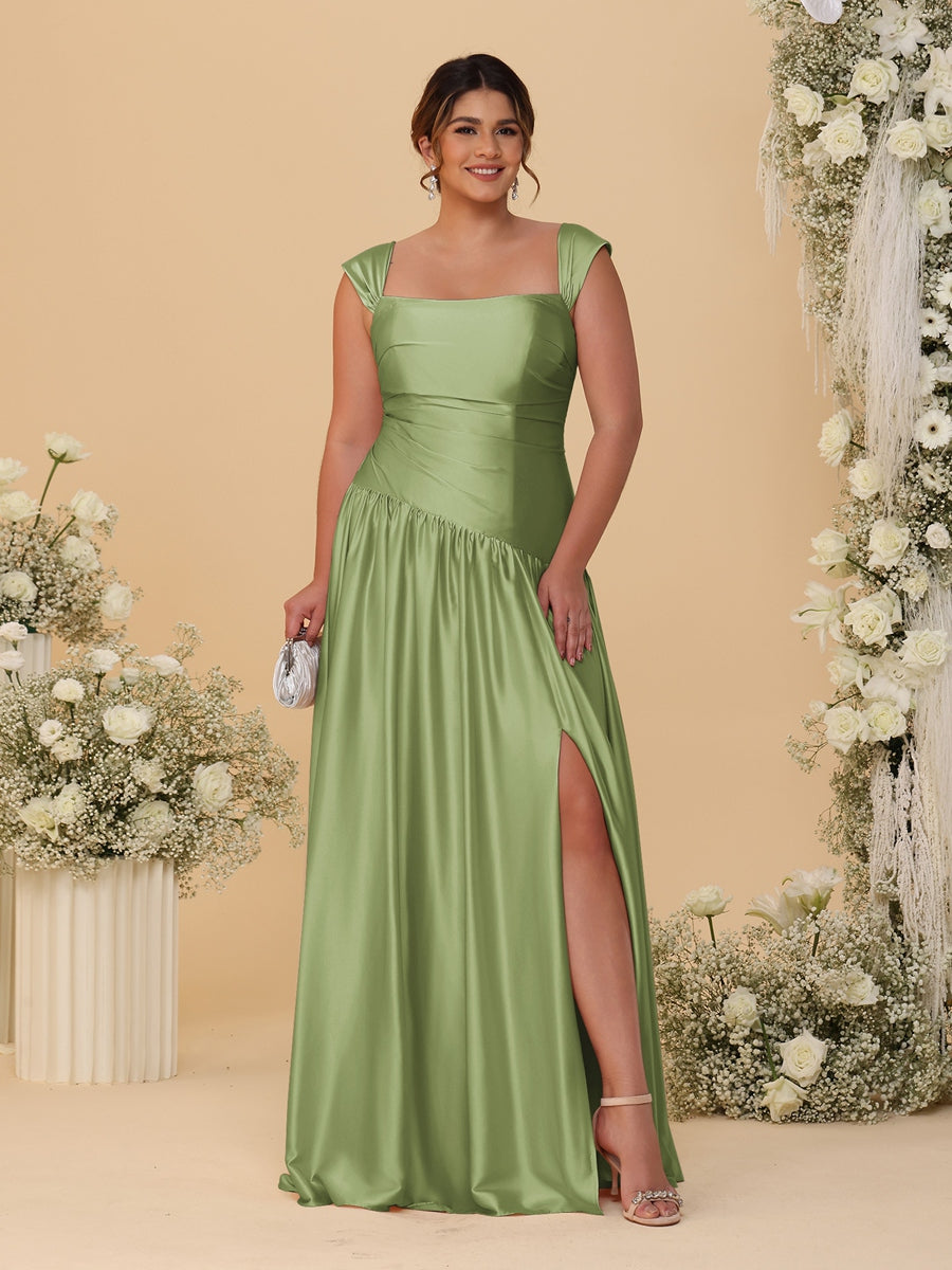A-Line/Princess Off-the-Shoulder Plus Size Bridesmaid Dresses With Side Slit &amp; Pleats