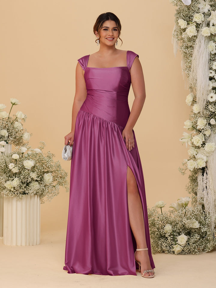 A-Line/Princess Off-the-Shoulder Plus Size Bridesmaid Dresses With Side Slit &amp; Pleats