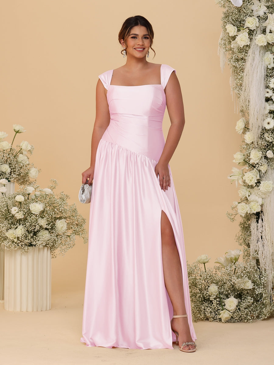 A-Line/Princess Off-the-Shoulder Plus Size Bridesmaid Dresses With Side Slit &amp; Pleats