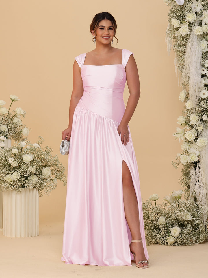 A-Line/Princess Off-the-Shoulder Plus Size Bridesmaid Dresses With Side Slit &amp; Pleats