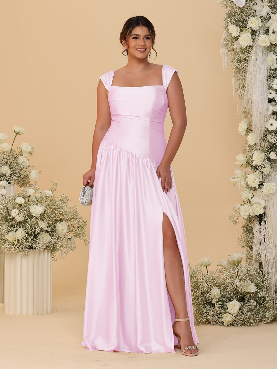 A-Line/Princess Off-the-Shoulder Plus Size Bridesmaid Dresses With Side Slit &amp; Pleats