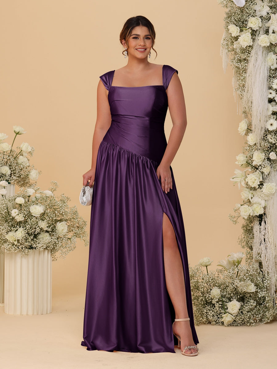 A-Line/Princess Off-the-Shoulder Plus Size Bridesmaid Dresses With Side Slit &amp; Pleats