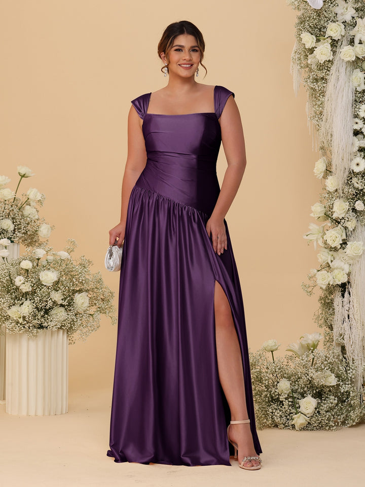 A-Line/Princess Off-the-Shoulder Plus Size Bridesmaid Dresses With Side Slit &amp; Pleats