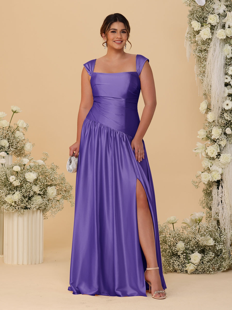 A-Line/Princess Off-the-Shoulder Plus Size Bridesmaid Dresses With Side Slit &amp; Pleats