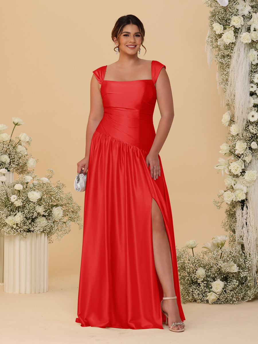 A-Line/Princess Off-the-Shoulder Plus Size Bridesmaid Dresses With Side Slit &amp; Pleats