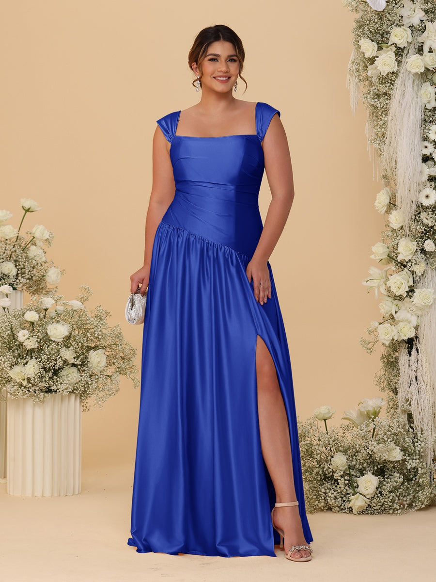 A-Line/Princess Off-the-Shoulder Plus Size Bridesmaid Dresses With Side Slit &amp; Pleats