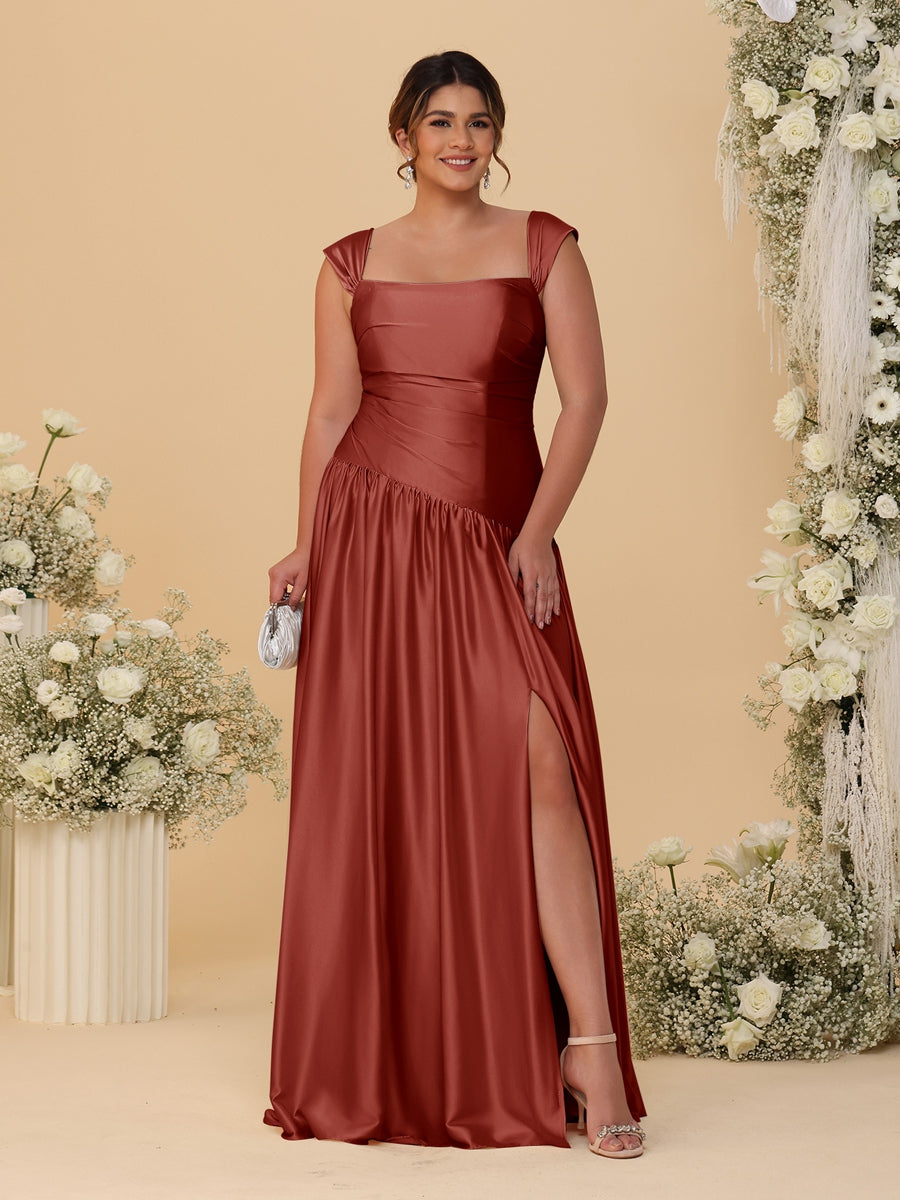A-Line/Princess Off-the-Shoulder Plus Size Bridesmaid Dresses With Side Slit &amp; Pleats