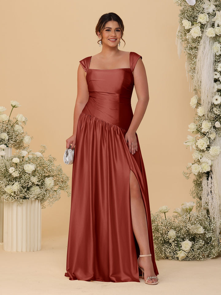 A-Line/Princess Off-the-Shoulder Plus Size Bridesmaid Dresses With Side Slit &amp; Pleats