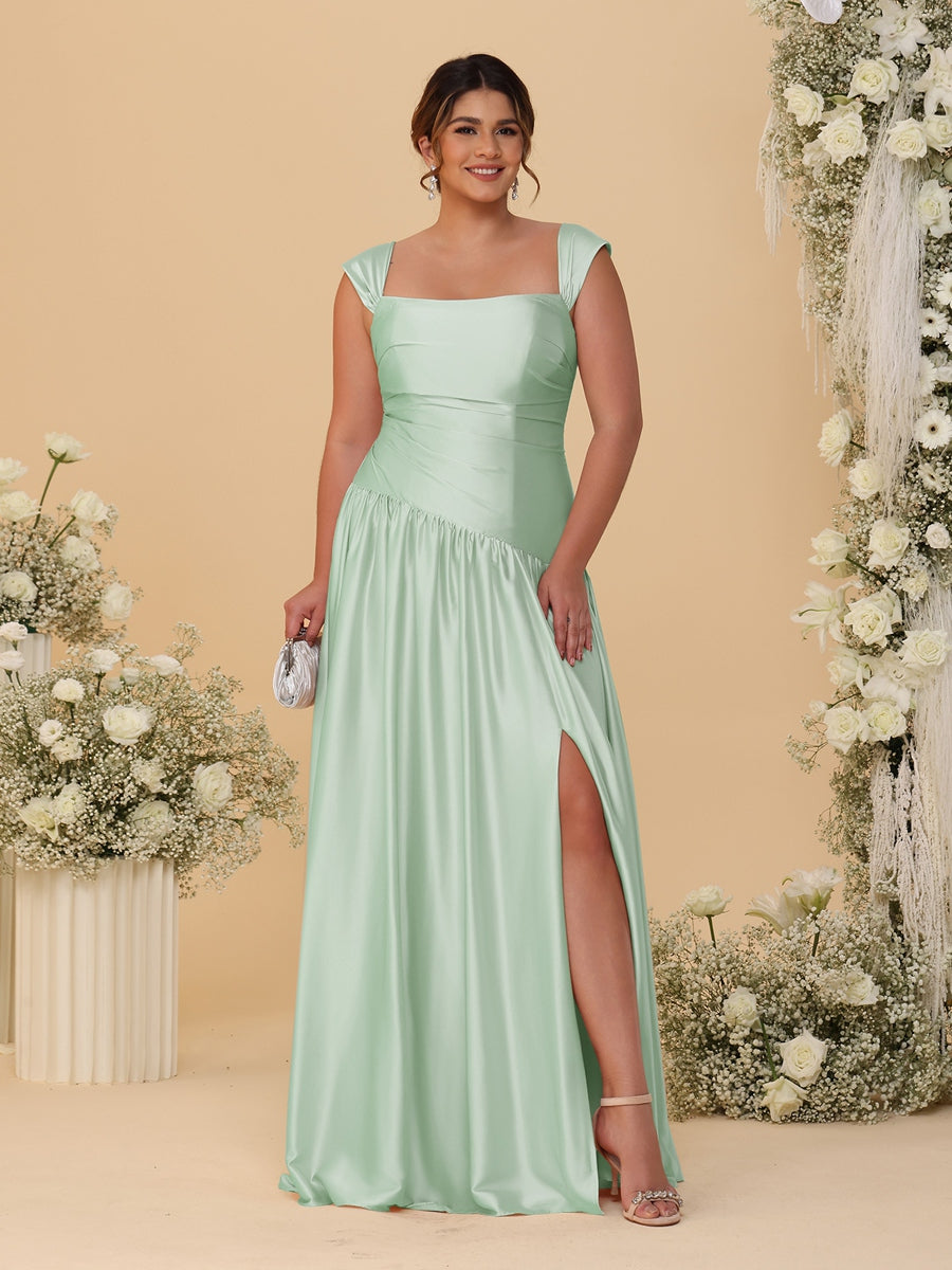 A-Line/Princess Off-the-Shoulder Plus Size Bridesmaid Dresses With Side Slit &amp; Pleats