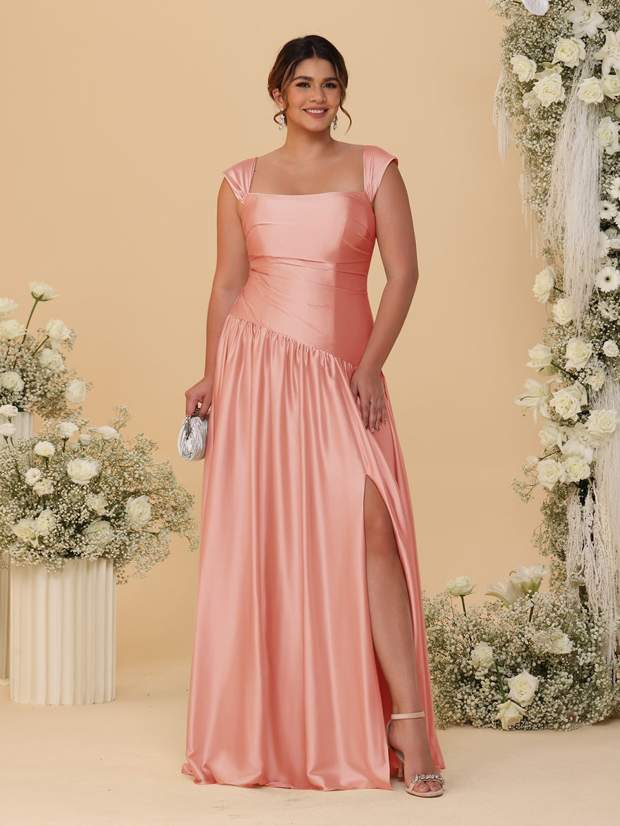 A-Line/Princess Off-the-Shoulder Plus Size Bridesmaid Dresses With Side Slit &amp; Pleats
