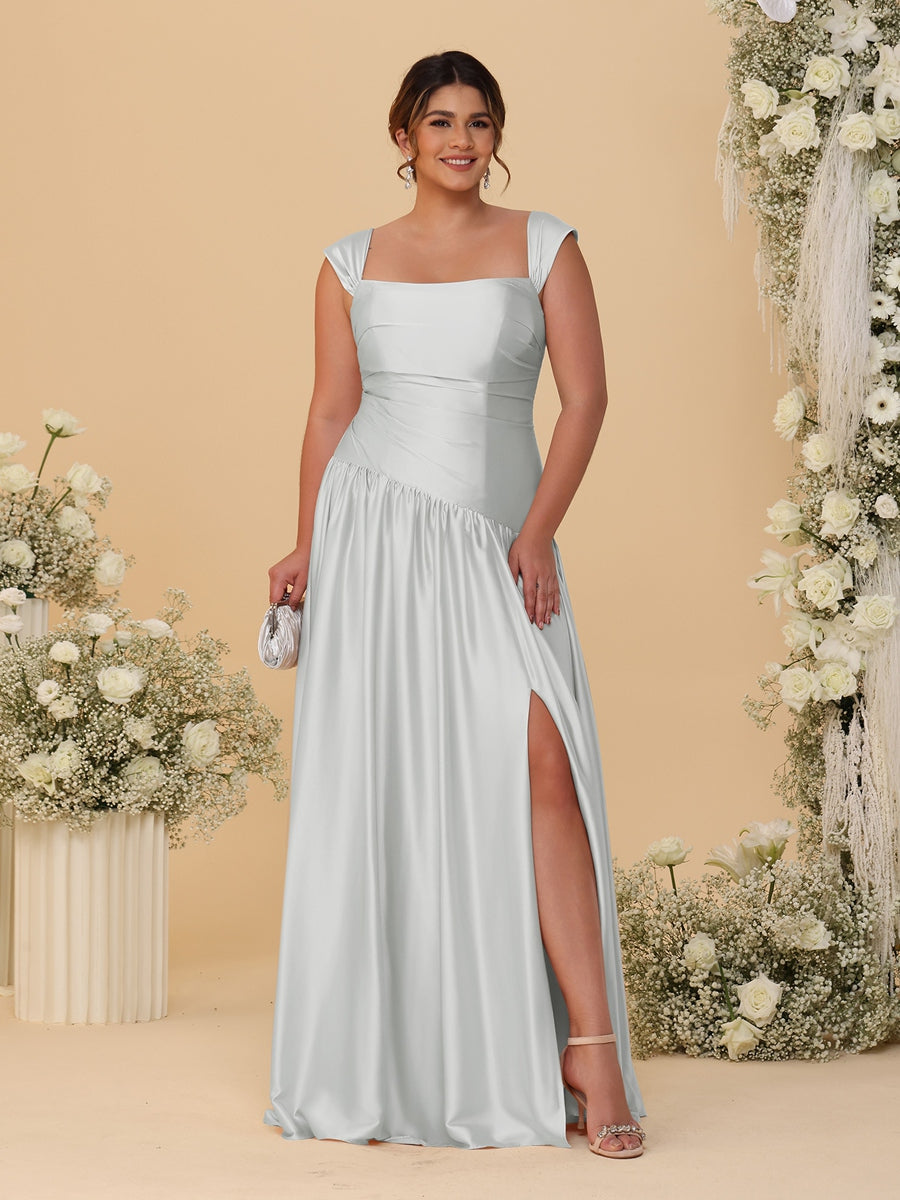 A-Line/Princess Off-the-Shoulder Plus Size Bridesmaid Dresses With Side Slit &amp; Pleats
